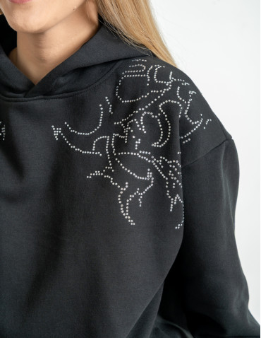 Bluzy - Bluza unisex z kapturem i cyrkoniami ocieplana CZARNY - produkt 7