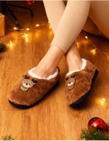 Świąteczne kapcie wsuwane z futerkiem i ozdobnym motywem