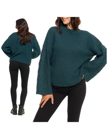 Swetry - Damski sweter luźny z szerokimi rękawami CIEMNY ZIELONY - produkt 13