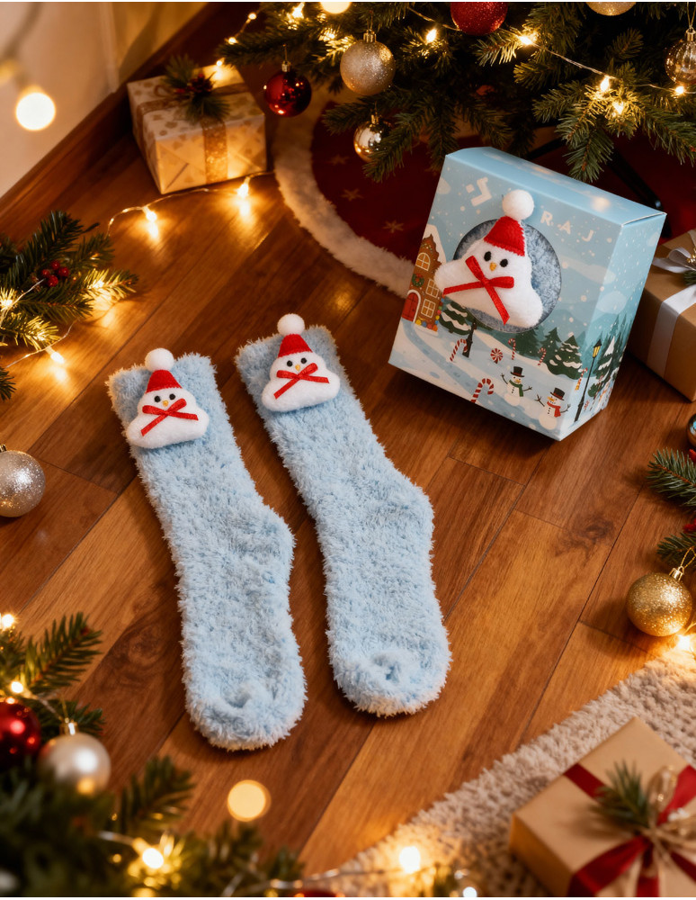 Długie - Damskie skarpety świąteczne z bałwankiem 3D NIEBIESKI - produkt moraj.pl 1