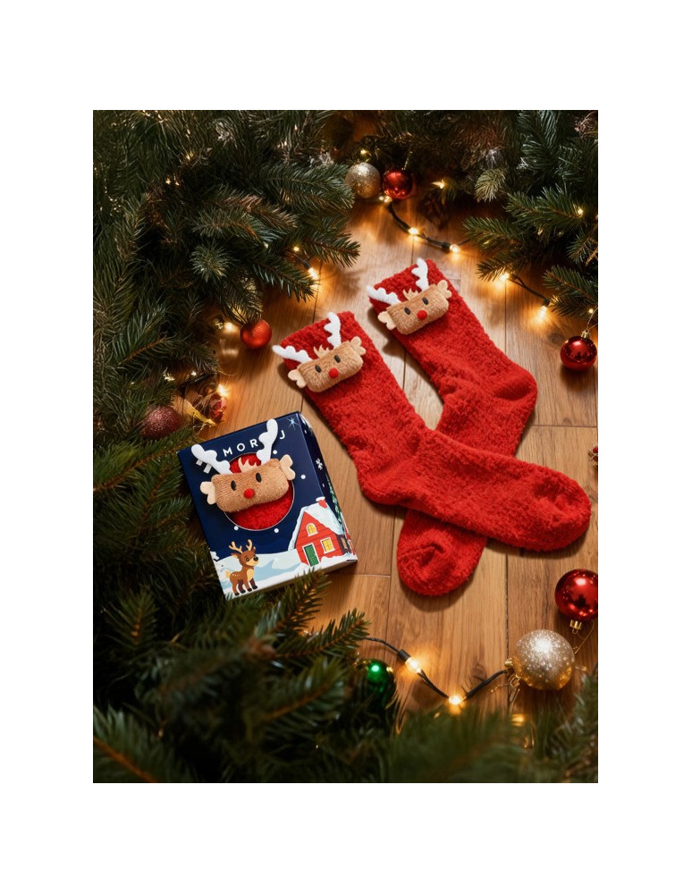 Długie - Damskie skarpety świąteczne z reniferem 3D CZERWONY - produkt moraj.pl 1
