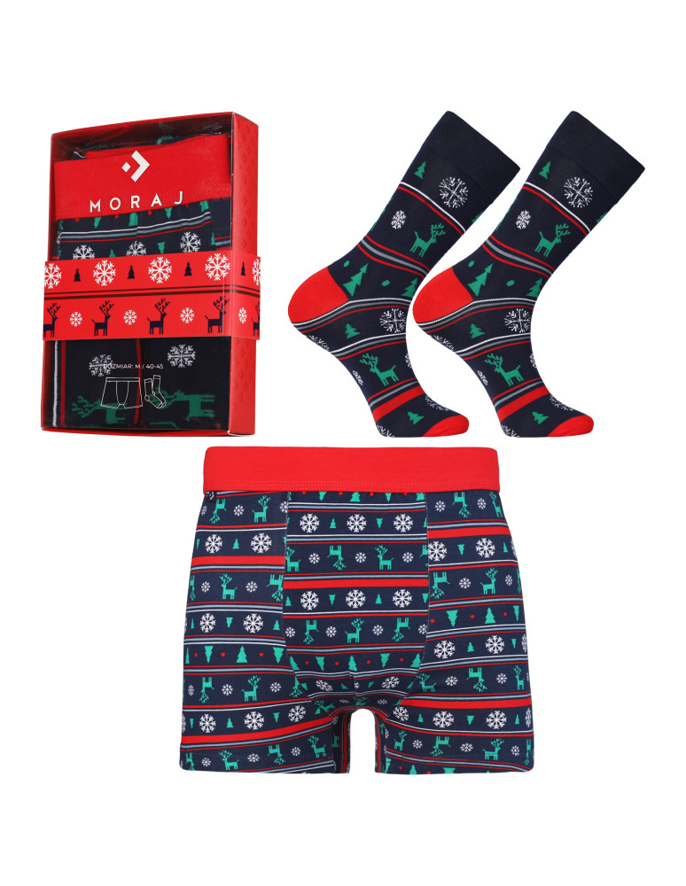 Bokserki dopasowane - Zestaw prezentowy świąteczny bokserki i skarpetki w renifery GRANATOWY - produkt moraj.pl 1