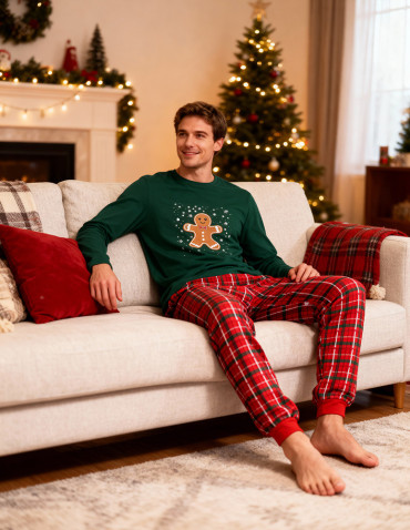 Długi rękaw - Piżama męska świąteczna z długim rękawem bawełniana ZIELONY - produkt 7
