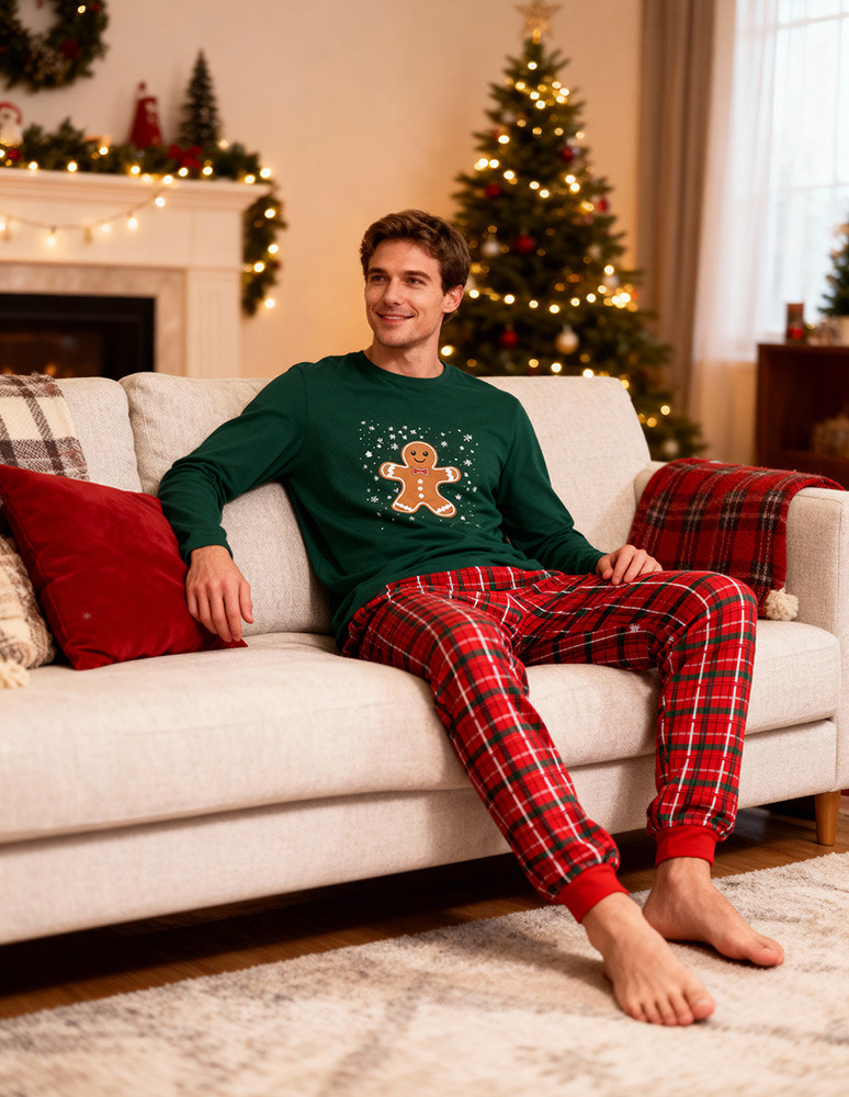 Długi rękaw - Piżama męska świąteczna z długim rękawem bawełniana ZIELONY  - produkt moraj.pl 7