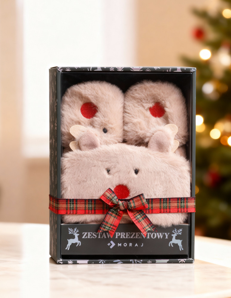 Kapcie i bambosze - Zestaw prezentowy świąteczny kapcie i opaska na oczy BRĄZOWY - produkt moraj.pl 2