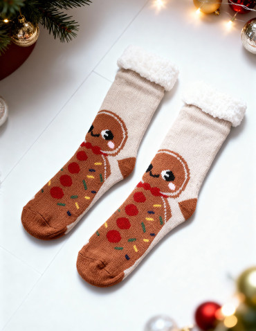 Długie - Świąteczne ciepłe skarpety damskie bambosze zimowe BEŻOWY - produkt 1