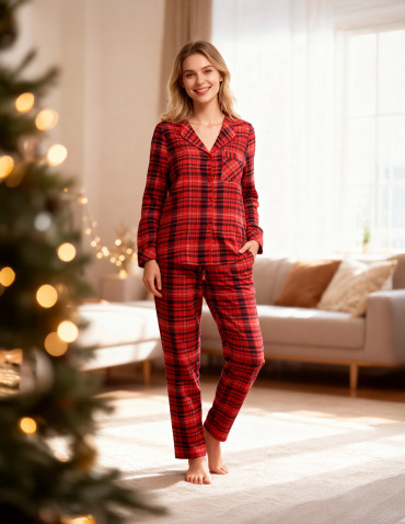 Piżama damska flanelowa w czerwoną kratkę