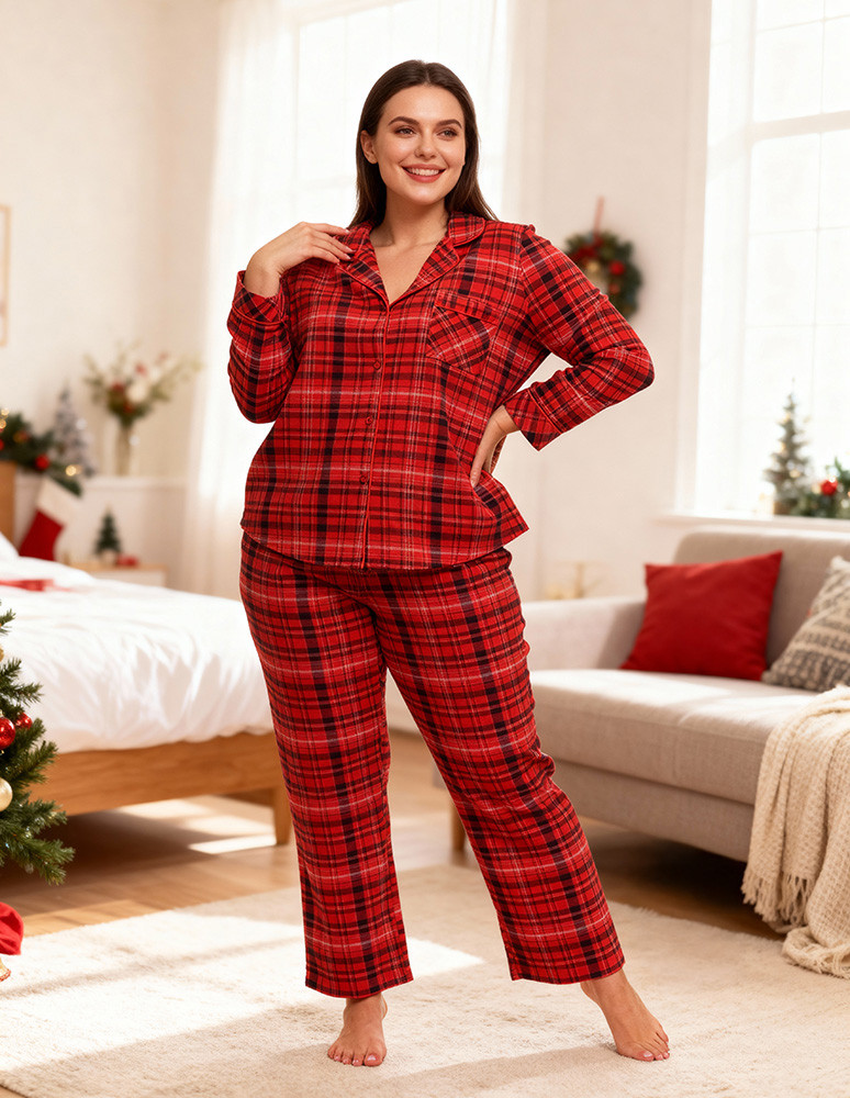 Piżama damska bawełniana w czerwoną kratę Plus Size CZERWONY