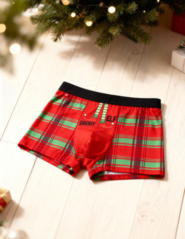 Zabawne męskie bokserki świąteczne z elfem w kratkę