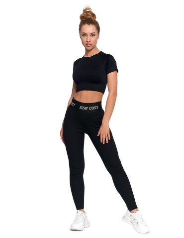 Legginsy - Legginsy damskie ocieplane w prążek wysoki stan CZARNY - produkt 1