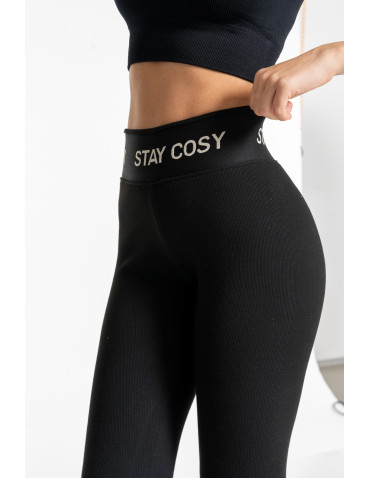 Legginsy - Legginsy damskie ocieplane w prążek wysoki stan CZARNY - produkt 4