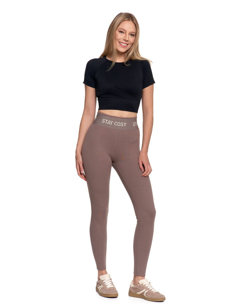 Legginsy damskie ocieplane w prążek wysoki stan MOKKA