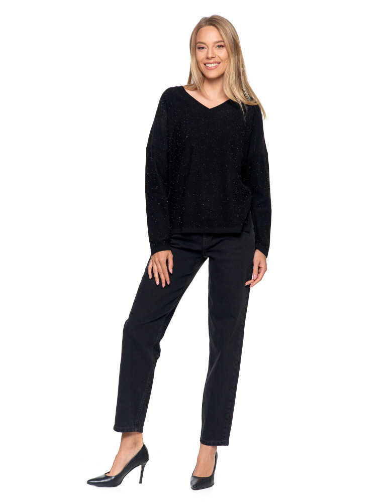 Swetry - Sweter damski z wiskozy o luźnym kroju i cekinami CZARNY - produkt moraj.pl 10