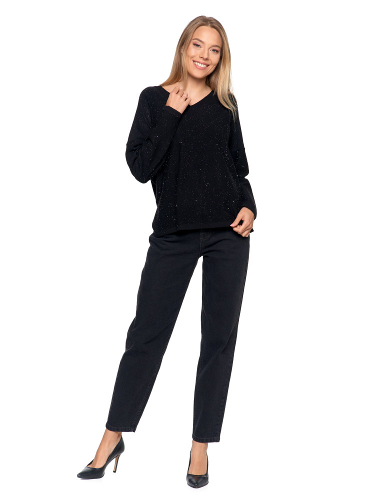 Swetry - Sweter damski z wiskozy o luźnym kroju i cekinami CZARNY - produkt moraj.pl 3