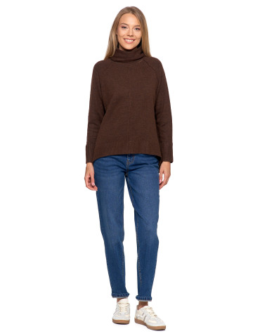 Swetry - Sweter damski z golfem i wydłużonym tyłem BRĄZOWY - produkt 9