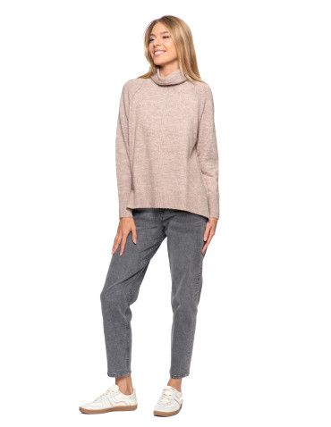 Swetry - Sweter damski z golfem i wydłużonym tyłem BEŻOWY - produkt 9