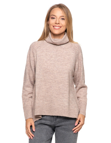 Swetry - Sweter damski z golfem i wydłużonym tyłem BEŻOWY - produkt 1