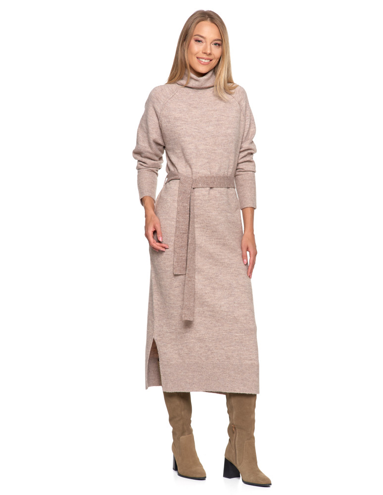 Sukienki - Dzianinowa sukienka maxi damska z długim rękawem BEŻOWY - produkt moraj.pl 1