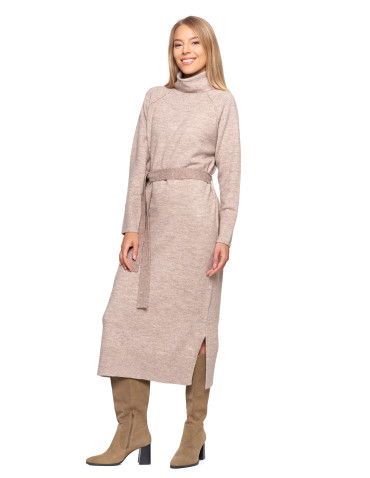 Sukienki - Dzianinowa sukienka maxi damska z długim rękawem BEŻOWY - produkt 4