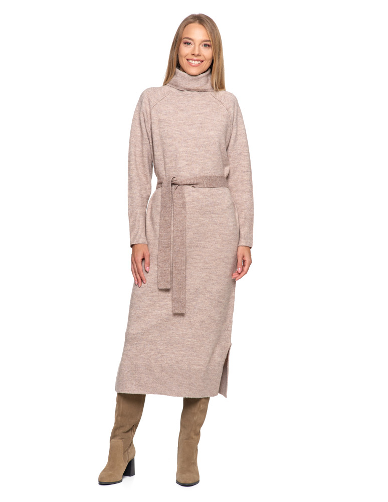 Sukienki - Dzianinowa sukienka maxi damska z długim rękawem BEŻOWY  - produkt moraj.pl 7