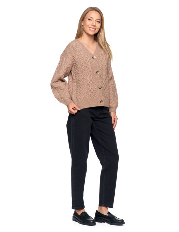 Swetry - Sweter damski rozpinany z warkoczowym splotem MOKKA - produkt 7