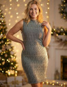 Koktajlowa sukienka damska midi z połyskiem bez rękawów SREBRNY