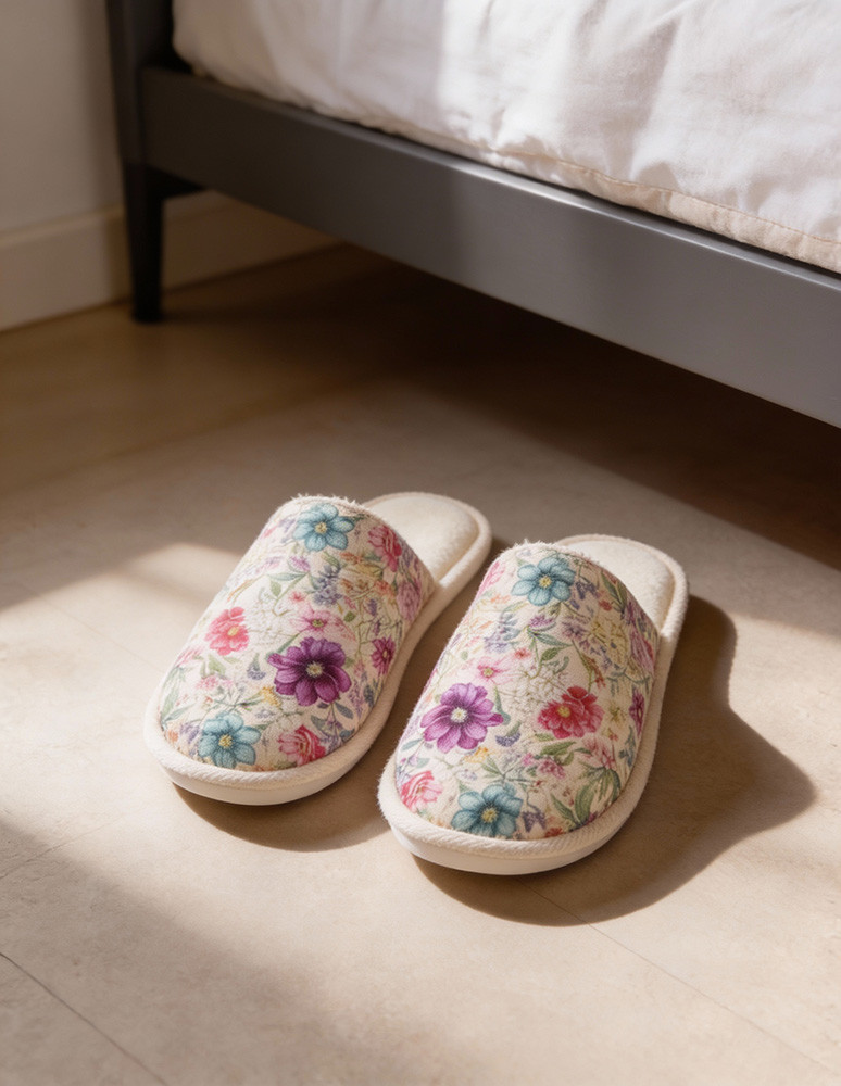 Kapcie damskie w kwiaty z pudełkiem prezentowym WIELOKOLOROWY