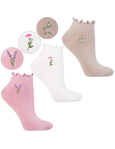 Skarpety damskie stopki z haftem kwiatowym 3-pak