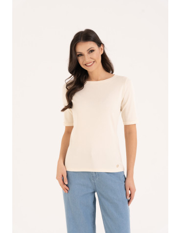 Bluzki i koszule - Bluzka damska z krótkim rękawem bawełniana bez wzoru KREMOWY - produkt 1