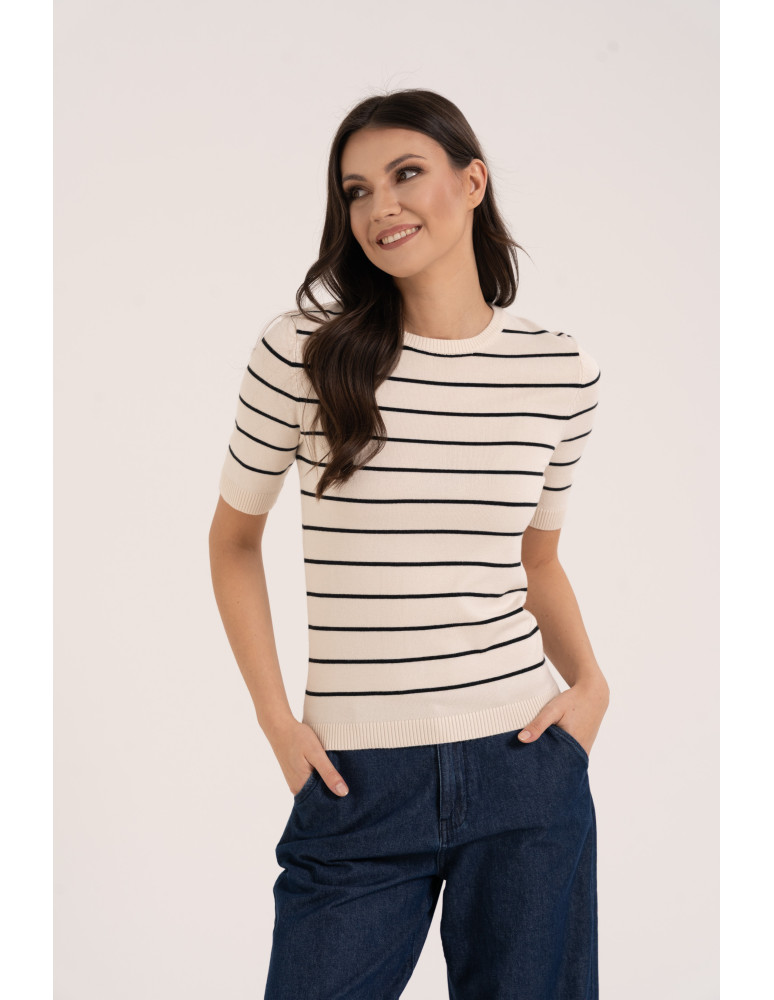 Swetry - Sweter damski z krótkim rękawem z wiskozą KREMOWY - produkt moraj.pl 1