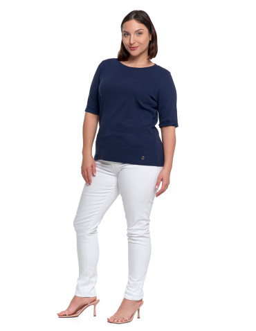 Bluzki i koszule - Bluzka damska z krótkim rękawem bawełniana bez wzoru GRANATOWY - produkt 2