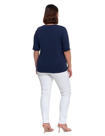 Bluzki i koszule - Bluzka damska z krótkim rękawem bawełniana bez wzoru GRANATOWY - produkt 3