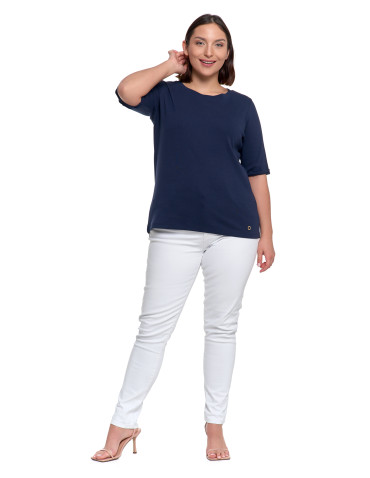 Bluzki i koszule - Bluzka damska z krótkim rękawem bawełniana bez wzoru GRANATOWY - produkt 4