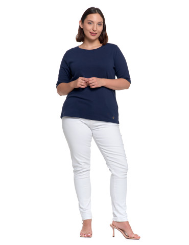 Bluzki i koszule - Bluzka damska z krótkim rękawem bawełniana bez wzoru GRANATOWY - produkt 5