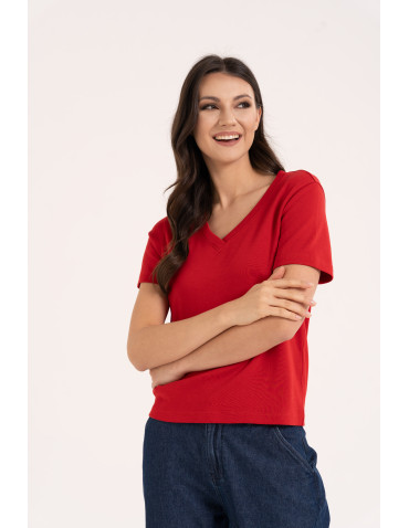 T-shirt damski z dekoltem w serek z dzianiny