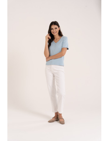 Koszulki i topy - T-shirt damski z dekoltem w serek z dzianiny NIEBIESKI - produkt 1