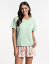 Piżama damska z bawełny, krótki rękaw i krótkie spodenki ZIELONY