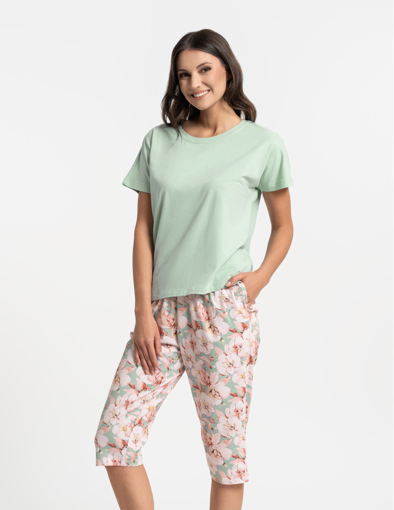 Krótki rękaw - Piżama damska z krótkim rękawem i 3/4 spodniami ZIELONY - produkt moraj.pl 1