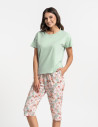 Piżama damska z krótkim rękawem i 3/4 spodniami ZIELONY