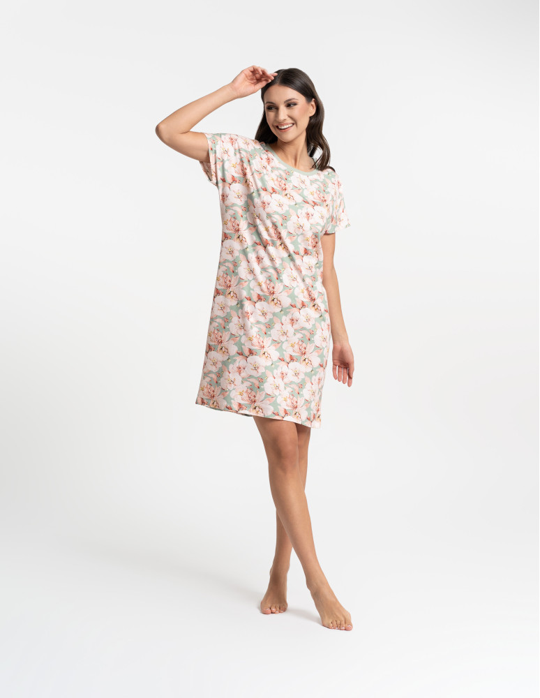 Nowości - Koszula nocna damska bawełniana w kwiaty z elastanem ZIELONY  - produkt moraj.pl 5