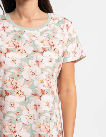 Nowości - Koszula nocna damska bawełniana w kwiaty z elastanem ZIELONY - produkt 3