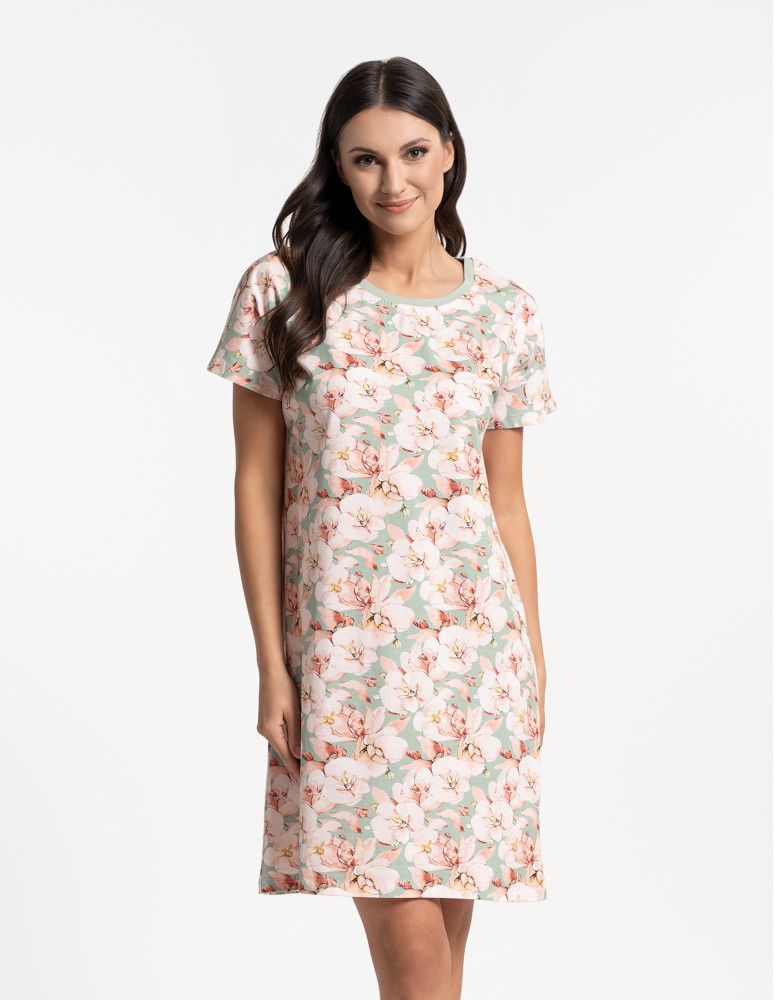 Nowości - Koszula nocna damska bawełniana w kwiaty z elastanem ZIELONY - produkt moraj.pl 1