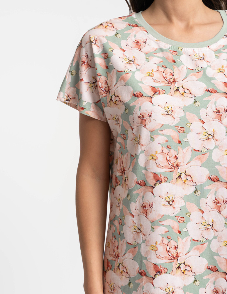 Nowości - Koszula nocna damska bawełniana w kwiaty z elastanem ZIELONY  - produkt moraj.pl 9