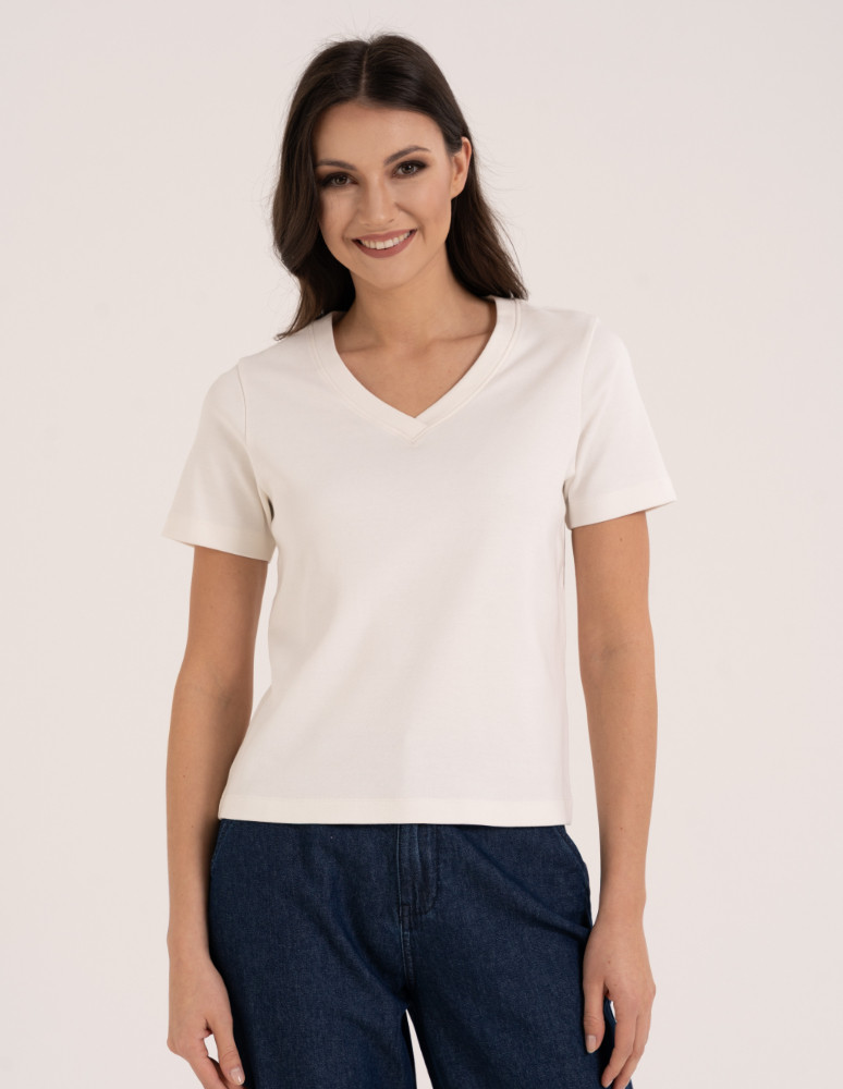 Koszulki i topy - T-shirt damski z dekoltem w serek z dzianiny BIAŁY - produkt moraj.pl 1