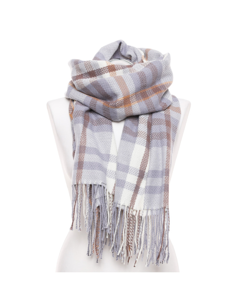 Szale i chusty - Elegancki szal damski w kratę z frędzlami NIEBIESKI - produkt moraj.pl 1
