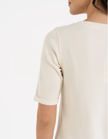 Bluzki i koszule - Bluzka damska z krótkim rękawem bawełniana bez wzoru KREMOWY - produkt 3