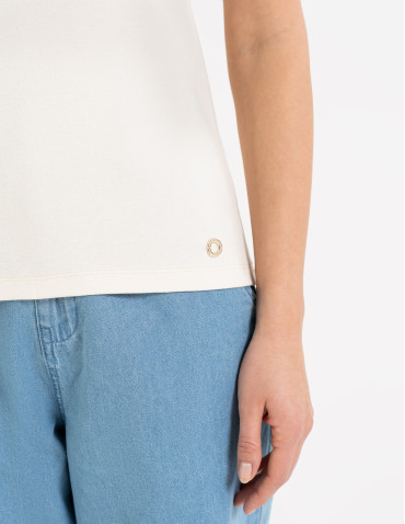 Bluzki i koszule - Bluzka damska z krótkim rękawem bawełniana bez wzoru KREMOWY - produkt 4