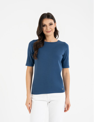 Bluzki i koszule - Bluzka damska z krótkim rękawem bawełniana bez wzoru JEANS - produkt 6