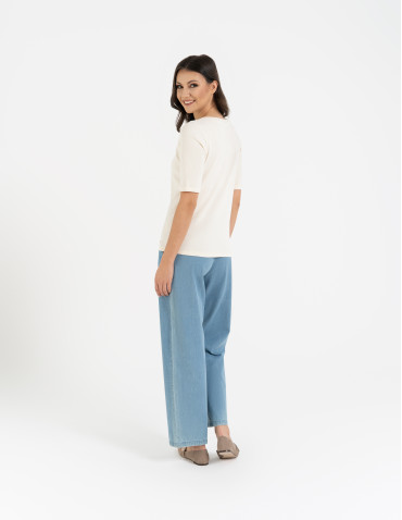 Bluzki i koszule - Bluzka damska z krótkim rękawem bawełniana bez wzoru KREMOWY - produkt 5