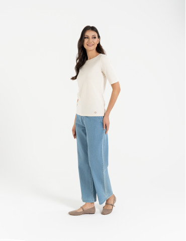 Bluzki i koszule - Bluzka damska z krótkim rękawem bawełniana bez wzoru KREMOWY - produkt 6